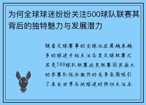 为何全球球迷纷纷关注500球队联赛其背后的独特魅力与发展潜力