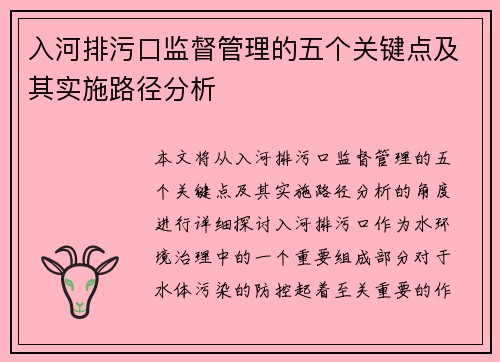入河排污口监督管理的五个关键点及其实施路径分析